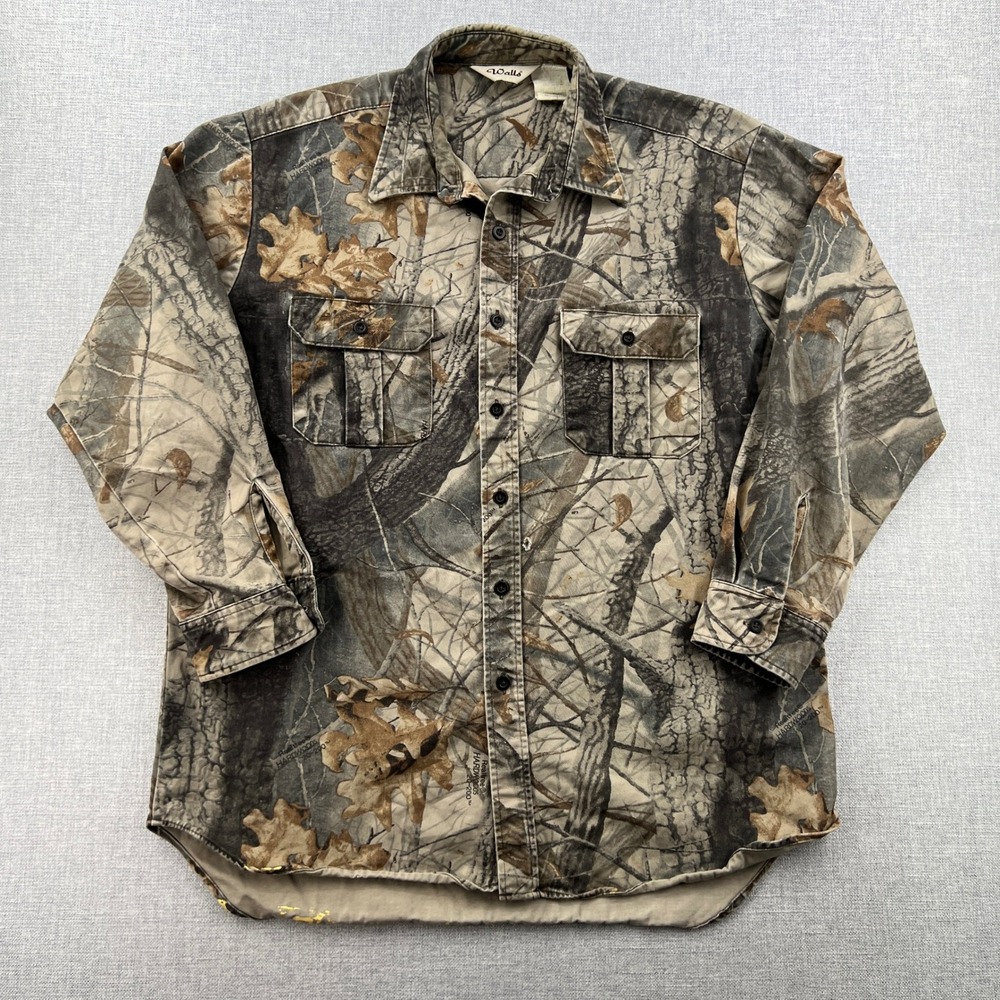 VTG Walls Button Up Shirt Men XL Brown Camo Realtree Hardwoods Hunting Workwear - Picture 2 of 12